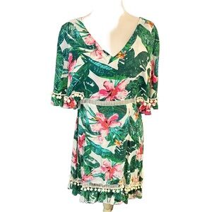 America and Beyond Green and Pink Tropical Coverup or Dress with Pom Pom Trim‎